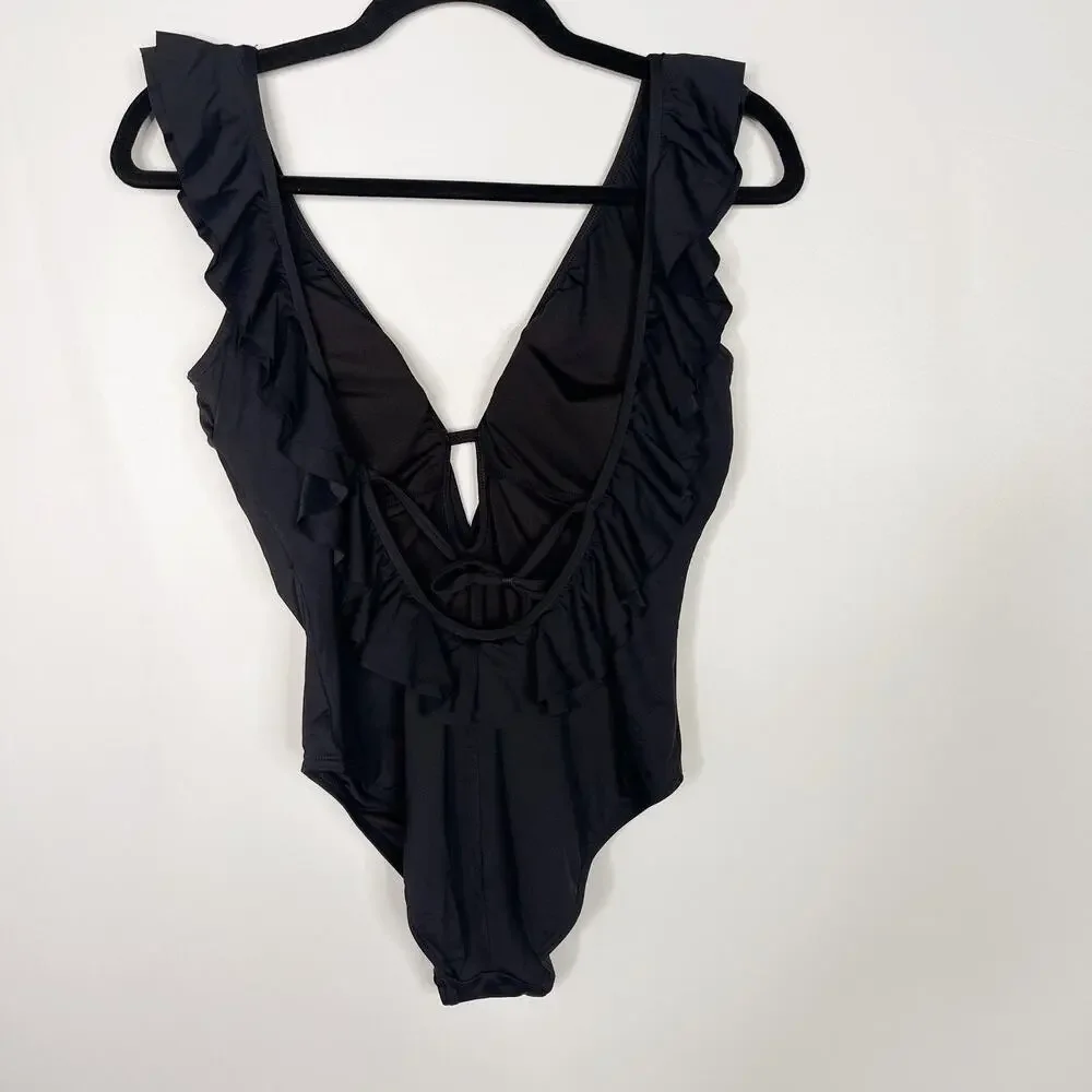 Michael Kors Womens 10 Black Ruffle Deep V Neck One Piece Swim Suit Tie Back